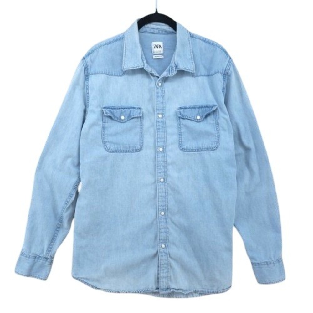 Zara Pearl Snap Button Denim Long Sleeve Shirt Mens L